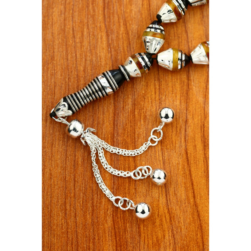 HROS07-S1 - سبحه من اليسر الطبيعي مطعمة بالفضة والكهرمان , 33حبة