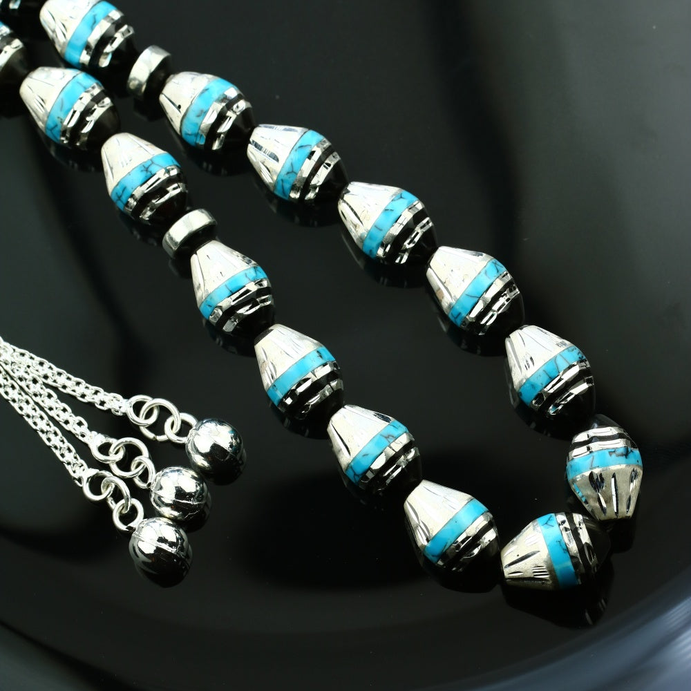 HROS07-S3 - سبحه من اليسر الطبيعي مطعمة بالفضة والفيروز , 33حبة