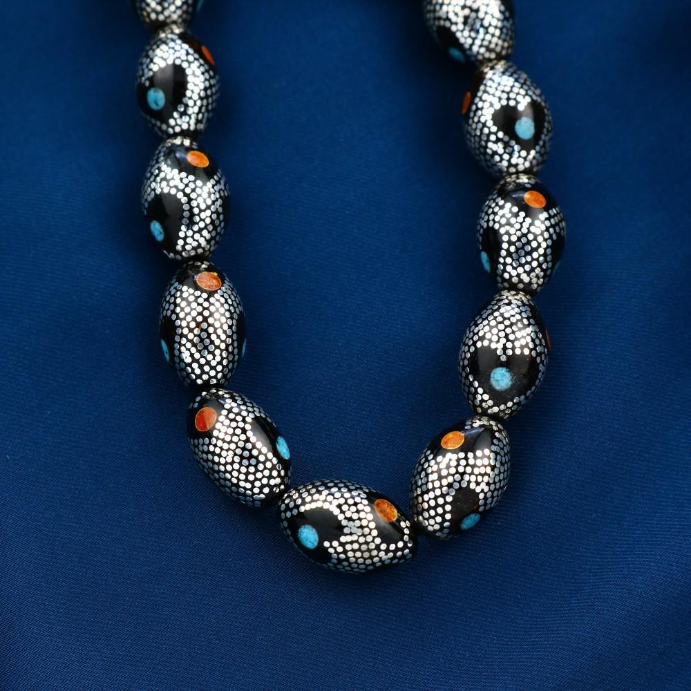 TROS10 - Natural coral rosary inlaid with silver, turquoise and amber, 33 beads