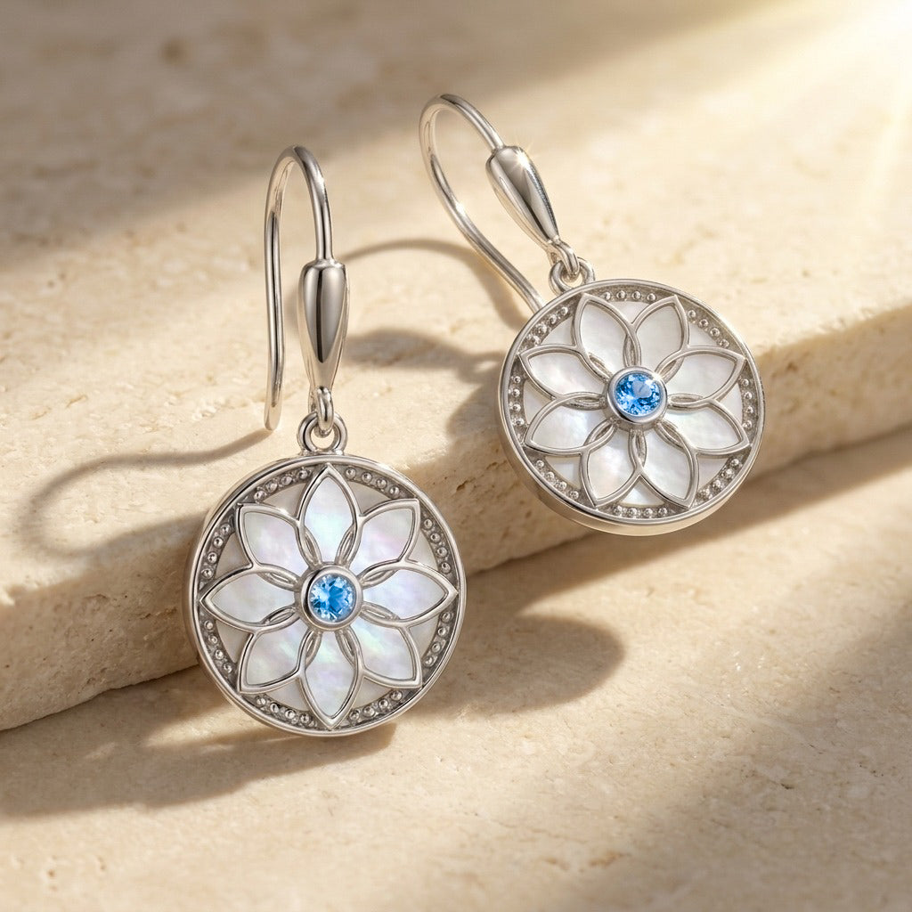 Flower Earrings with Mother of Pearl and Aquamarine Stone – 925 Silver