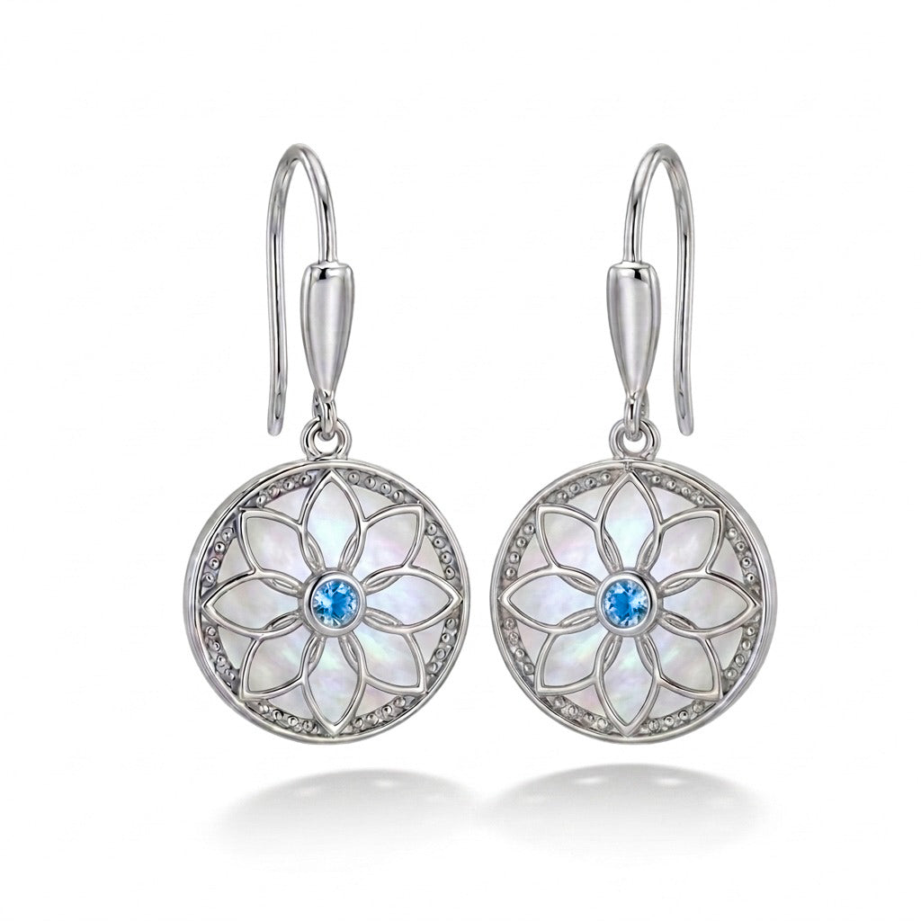 Flower Earrings with Mother of Pearl and Aquamarine Stone – 925 Silver