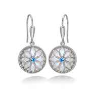 Flower Earrings with Mother of Pearl and Aquamarine Stone – 925 Silver