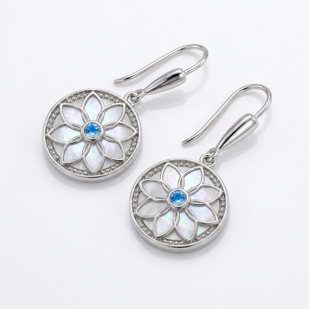 Flower Earrings with Mother of Pearl and Aquamarine Stone – 925 Silver