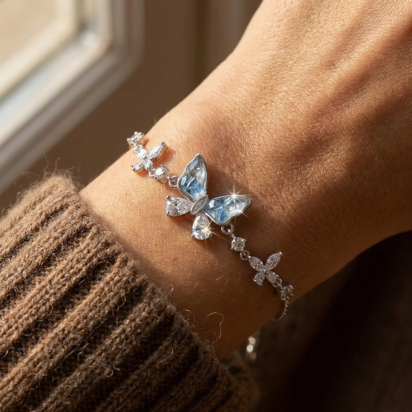 Luxury 925 Silver Butterfly Bracelet with Blue Stone