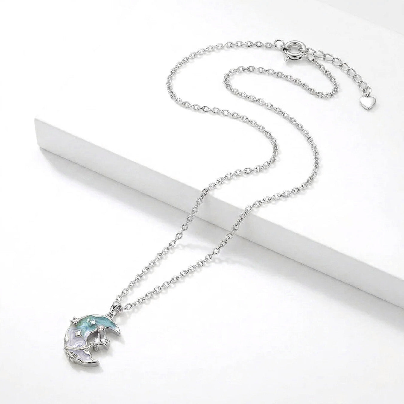 925 Silver Crescent and Stars Necklace with Blue Details