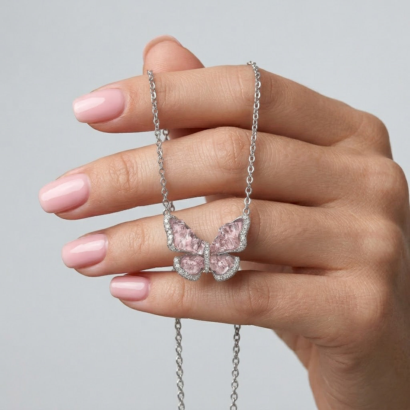 925 Silver Necklace with Pink Butterfly Design and Sparkling Wings