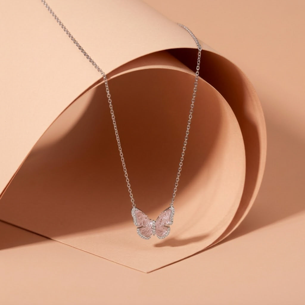 925 Silver Necklace with Pink Butterfly Design and Sparkling Wings