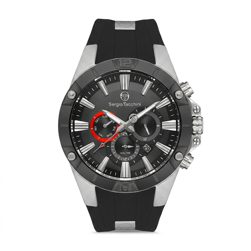 Sergio Tacchini Men's Chronograph Watch – Black Dial & Black Silicone Strap