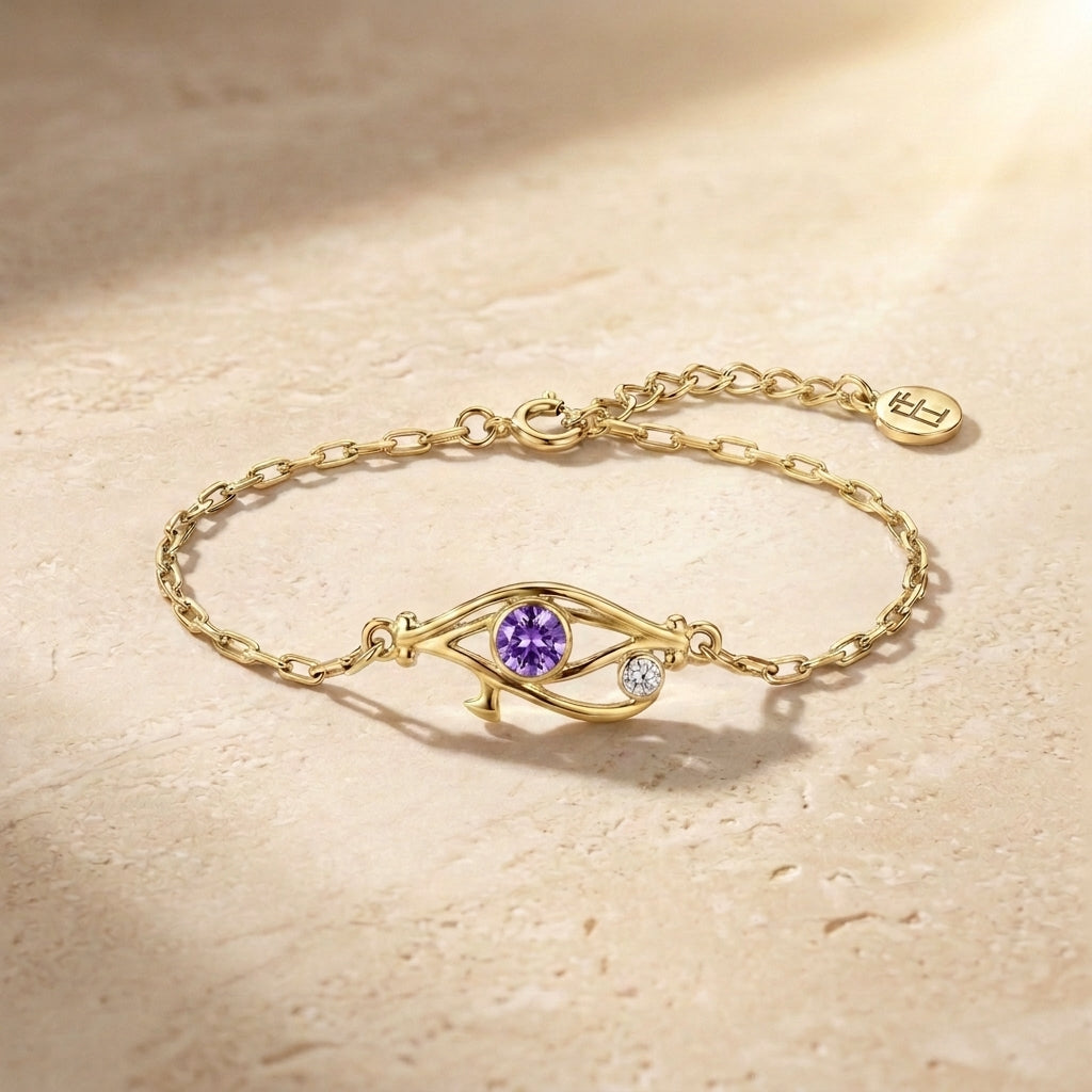 Pharaoh's Eye of Horus Gold Bracelet with Purple Stone 925 Silver