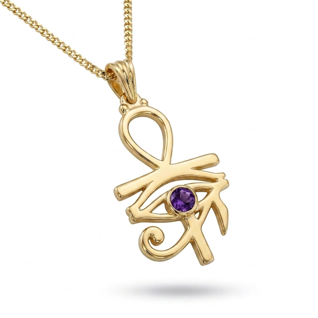Pharaoh's Eye of Horus Gold Necklace with Purple Stone 925 Silver