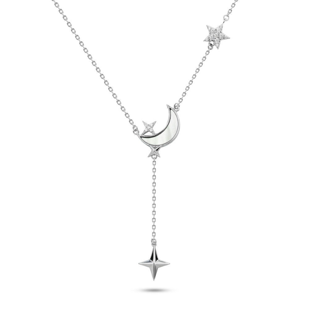 JNW080 - 925 Sterling Silver Crescent Moon and Stars Necklace
