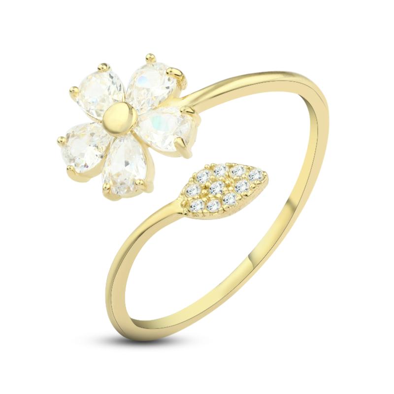 JRZ028-G - 925 sterling silver ring in the shape of a flower, encrusted with zircon stones