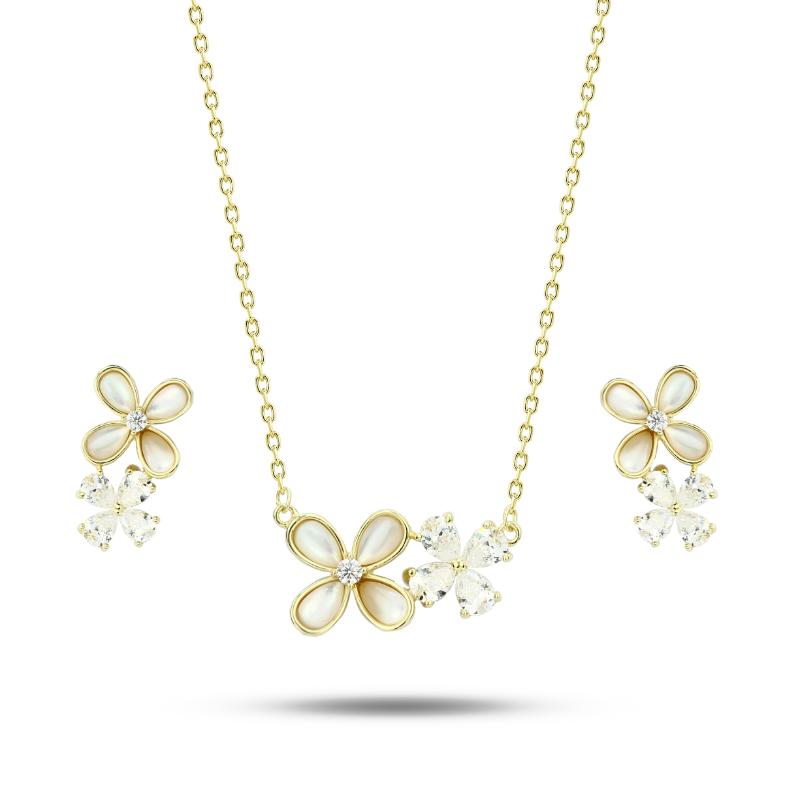 JSET09-G - 925 Sterling Silver Flower Set with Mother of Pearl and Zircon