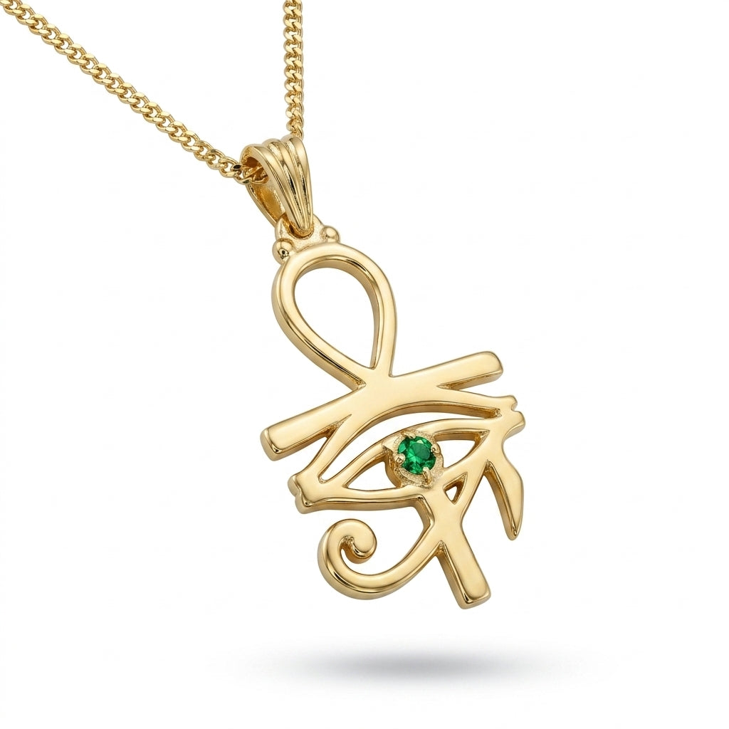 Pharaoh's Eye of Horus Gold Necklace with Green Stone 925 Silver