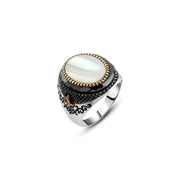 Men’s Copper Ring with White Mother of Pearl Stone and Gold Frame in Oriental Design

