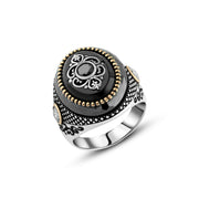 Men’s Silver Ring with Black Onyx, Arabic Ornament, and Gold Detailing