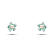 حلق فضة بتصميم زهرة فيروزي ولؤلؤ  – عيار 925