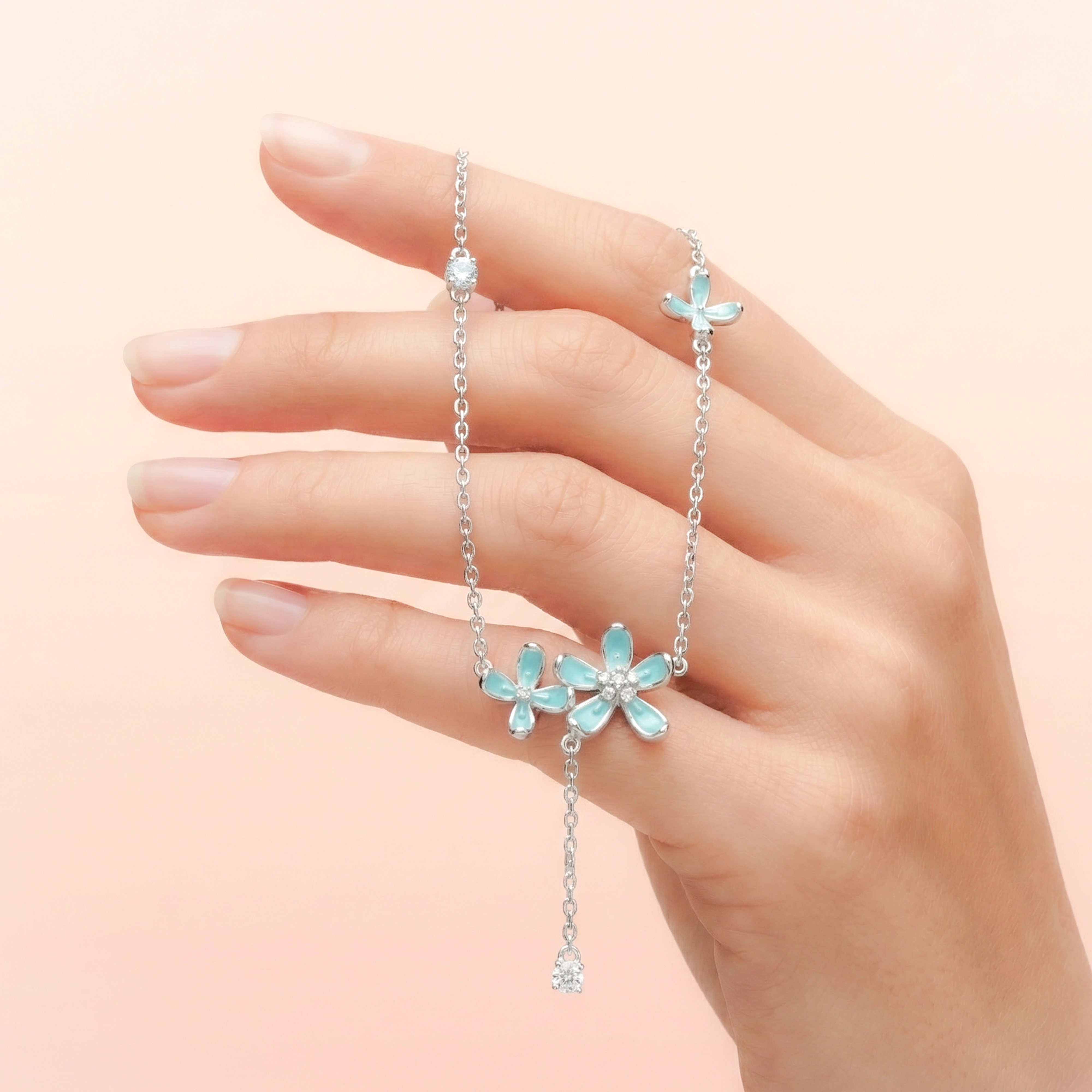 925 Silver Necklace – Dangling Turquoise Flowers with Sparkling Stones