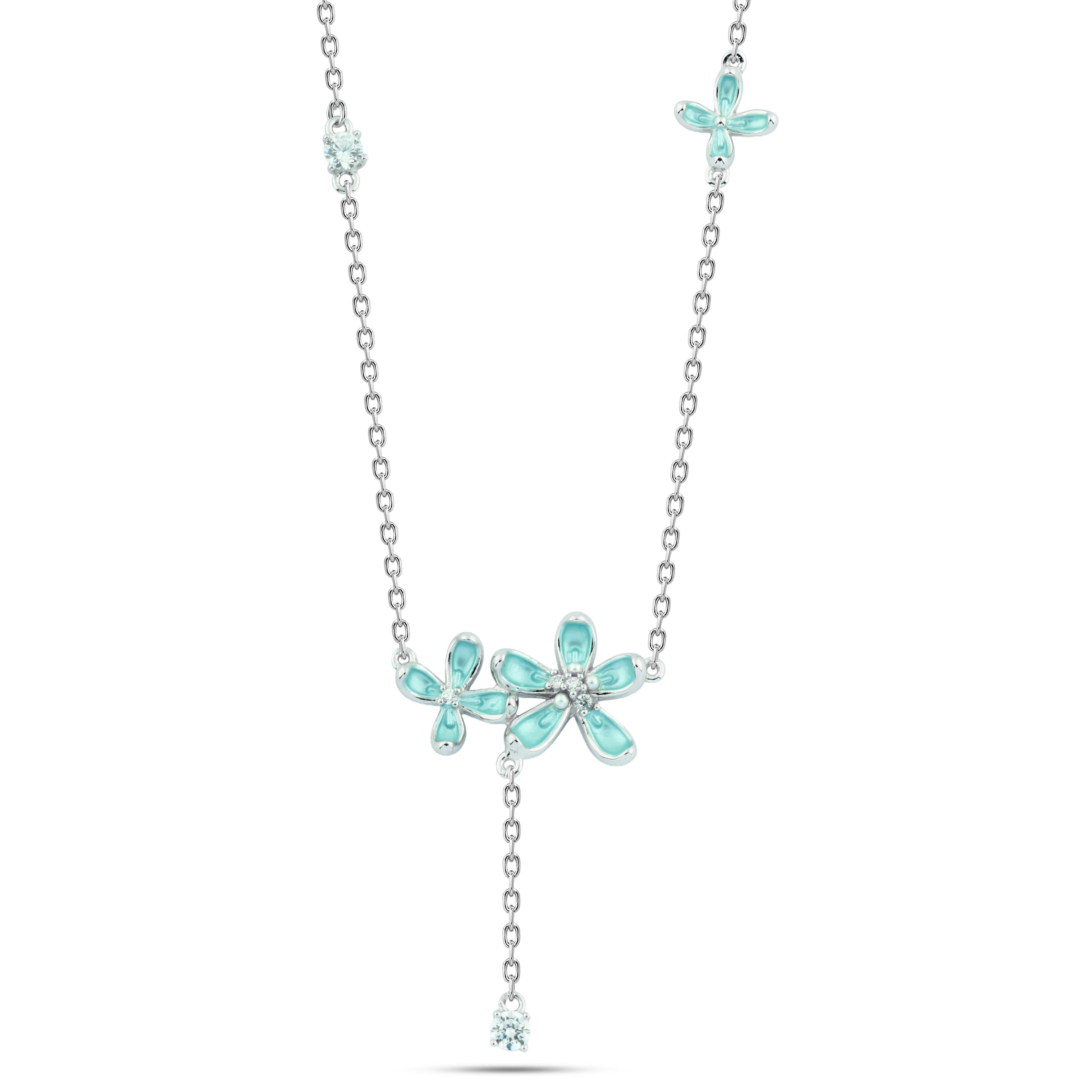 عقد "زهور تركواز متدلية بفصوص لامعة" فضة عيار 925