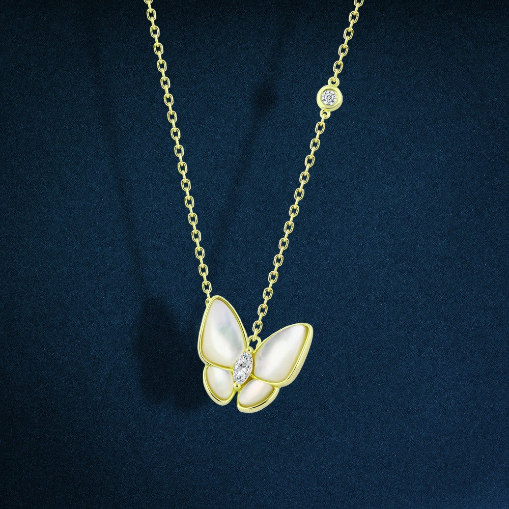 925 sterling silver golden butterfly necklace with a white mother-of-pearl stone