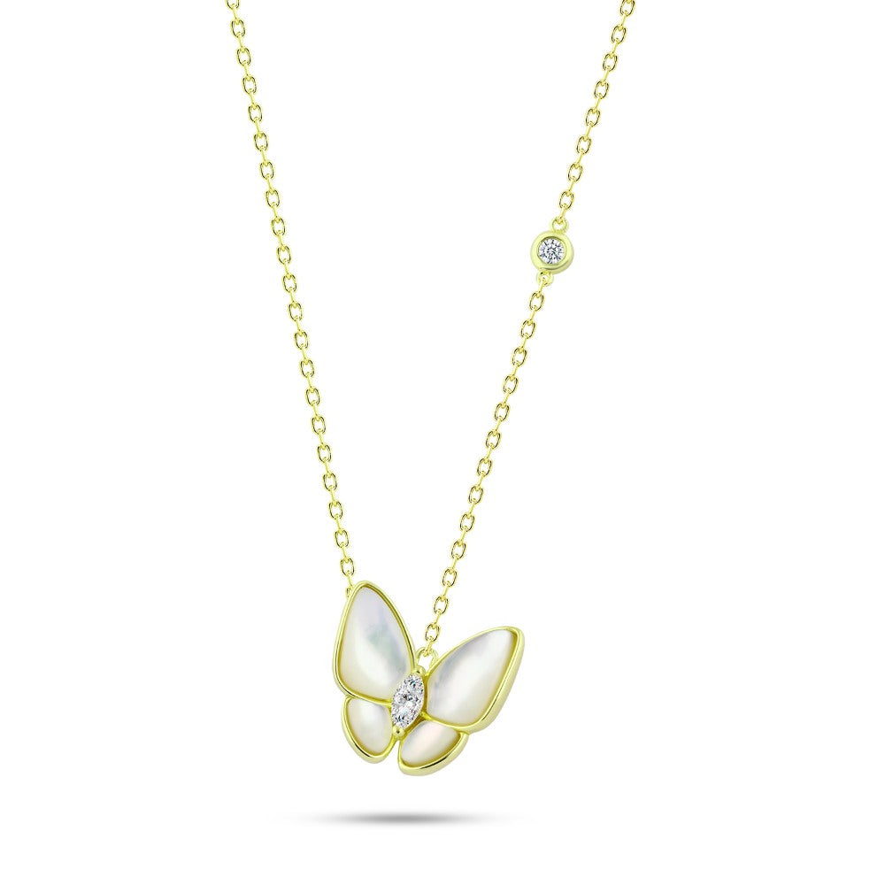 925 sterling silver golden butterfly necklace with a white mother-of-pearl stone