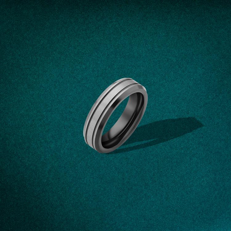 Men’s black tungsten ring with double silver stripes