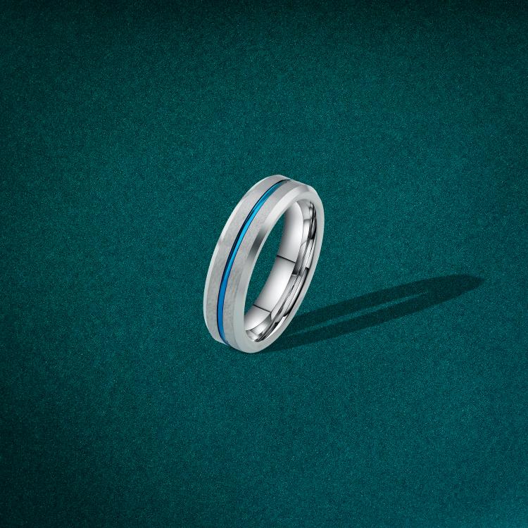 Men’s silver tungsten ring with a blue stripe in the center