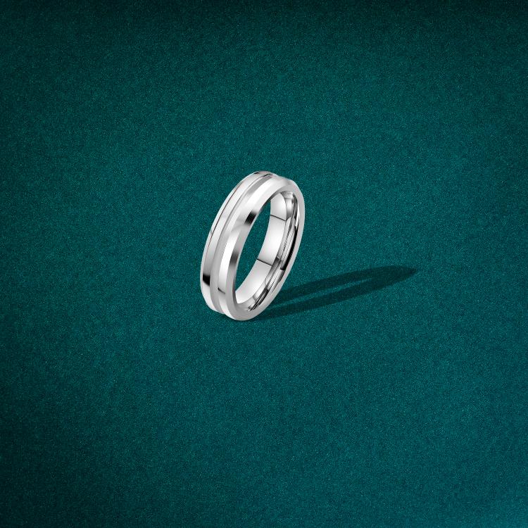 Men’s silver tungsten ring with a polished stripe in the center