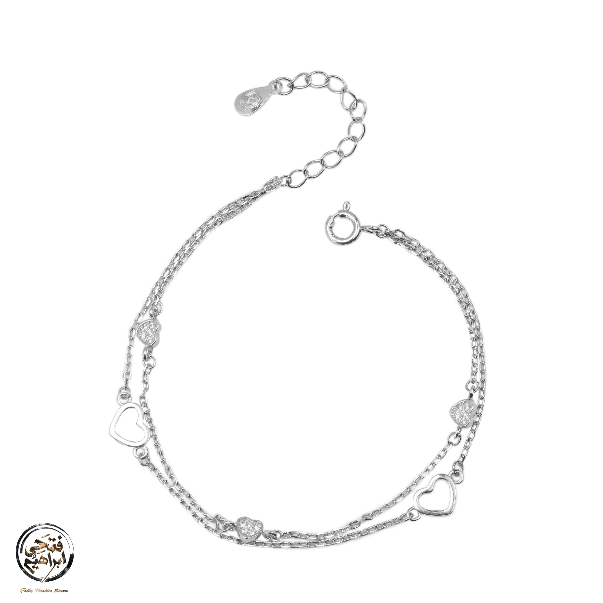 Platinum-Plated 925 Silver Heart Bracelet with Twin Chains and Sparkling Heart Accents

