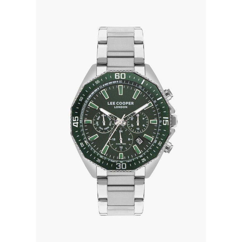 Lee Cooper Men's Multi-Function Watch with Silver Stainless Steel Strap and Green Dial