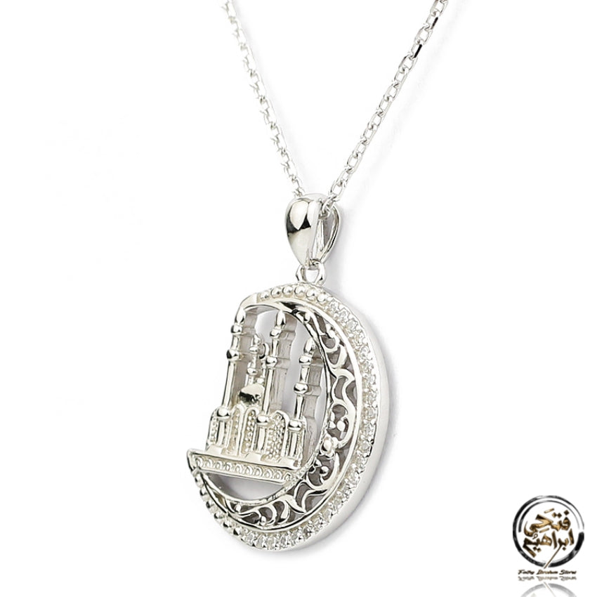 LNZ065 - عقد فضة عيار 925 علي شكل هلال ومسجد