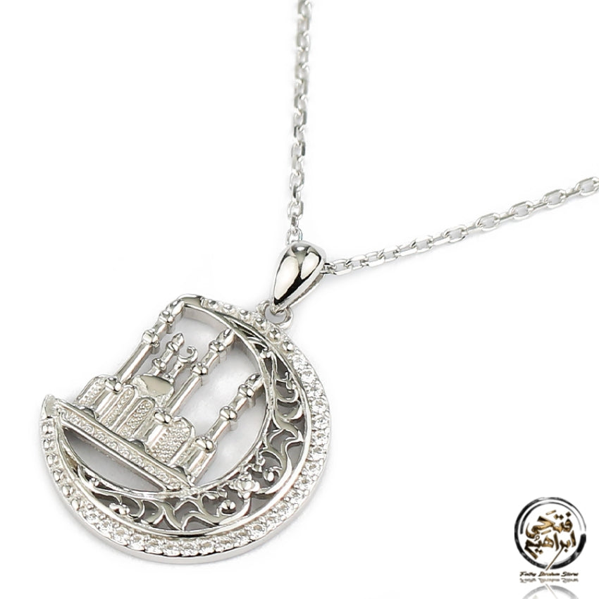LNZ065 - عقد فضة عيار 925 علي شكل هلال ومسجد