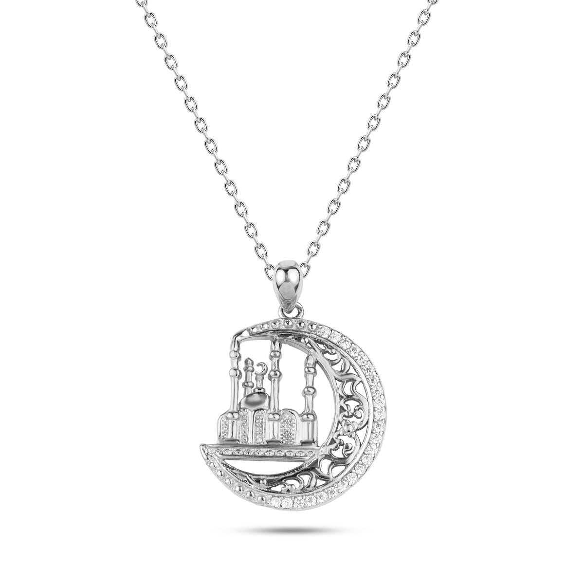 LNZ065 - عقد فضة عيار 925 علي شكل هلال ومسجد