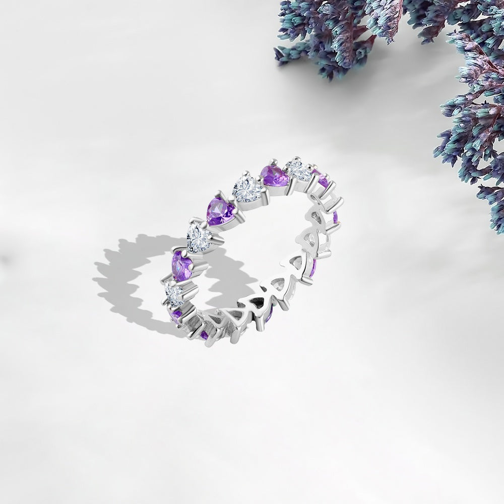 خاتم فضة عيار 925 مرصع بحجارة بنفسجية وشفافة على شكل قلوب