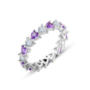 خاتم فضة عيار 925 مرصع بحجارة بنفسجية وشفافة على شكل قلوب