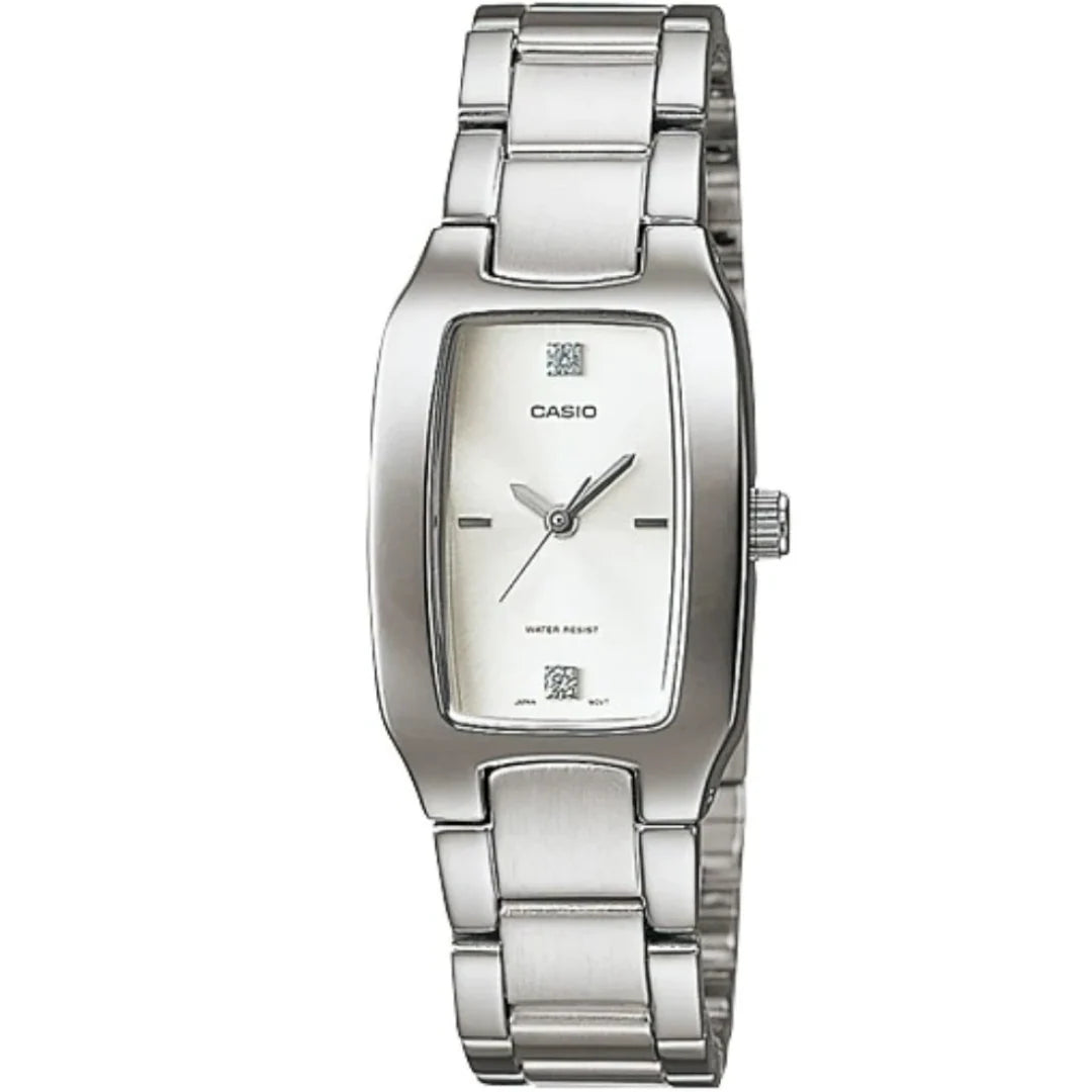 Casio Women’s Elegant Watch with Stainless Steel Band and Gem-Accented Rectangular Dial