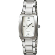 Casio Women’s Elegant Watch with Stainless Steel Band and Gem-Accented Rectangular Dial
