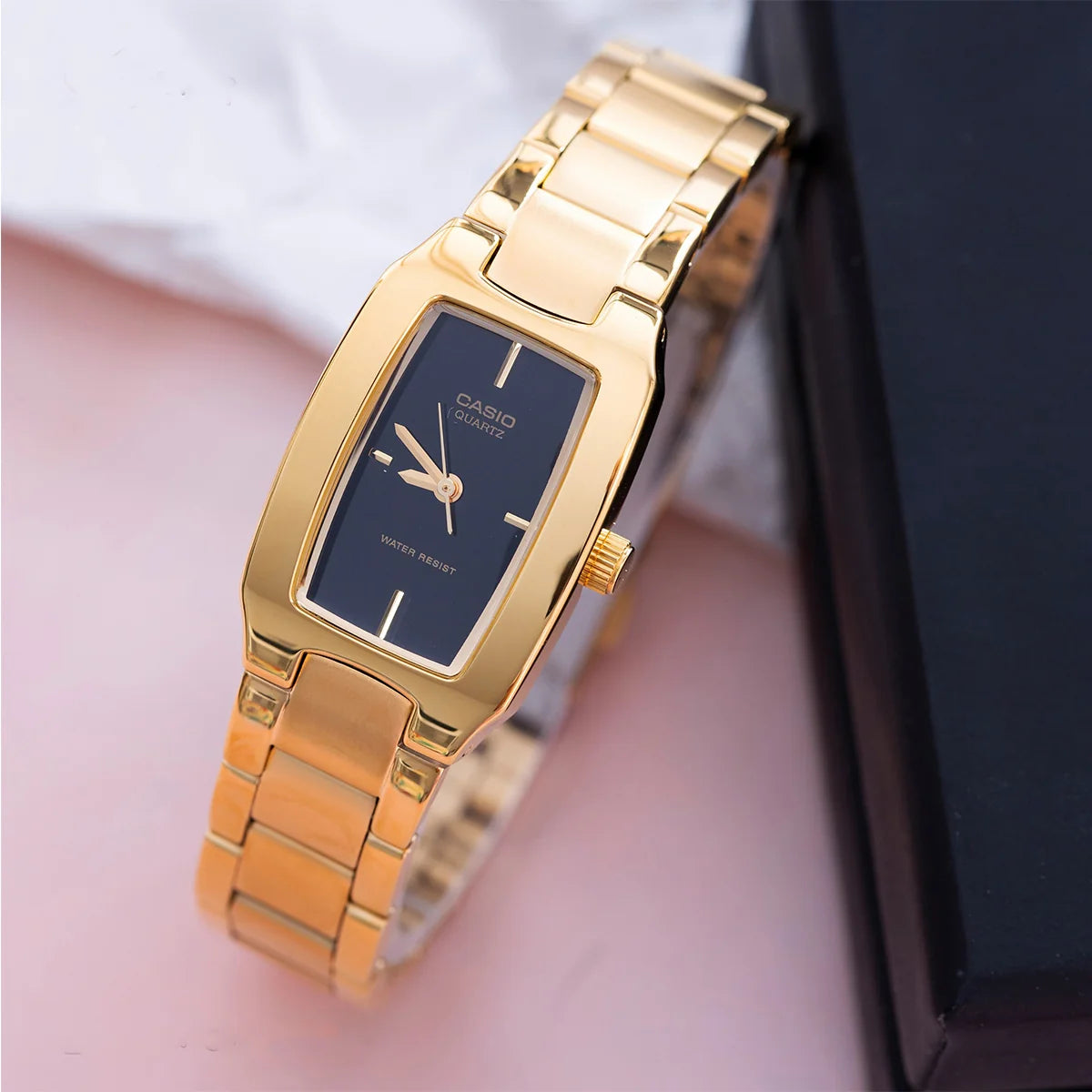 Casio Women's Analog Watch - Black Dial & Gold Stainless Steel Band