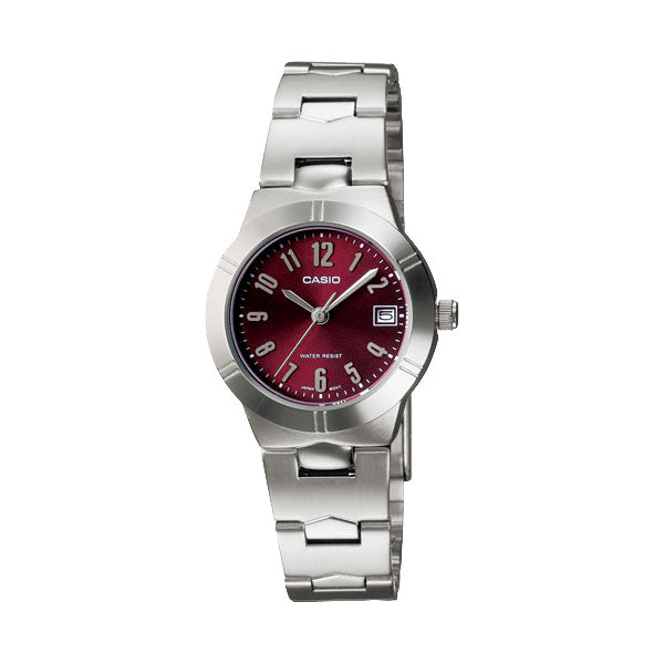 Casio-watch-rose-red-small-plate-steel-band-quartz-ladies-watch-LTP-1241D-4A2