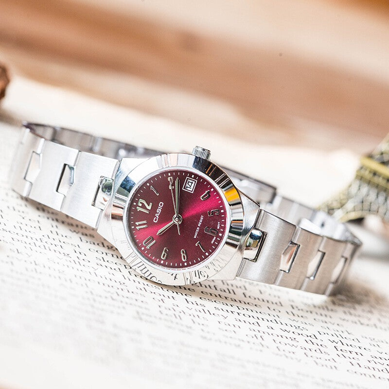 Casio-watch-rose-red-small-plate-steel-band-quartz-ladies-watch-LTP-1241D-4A2