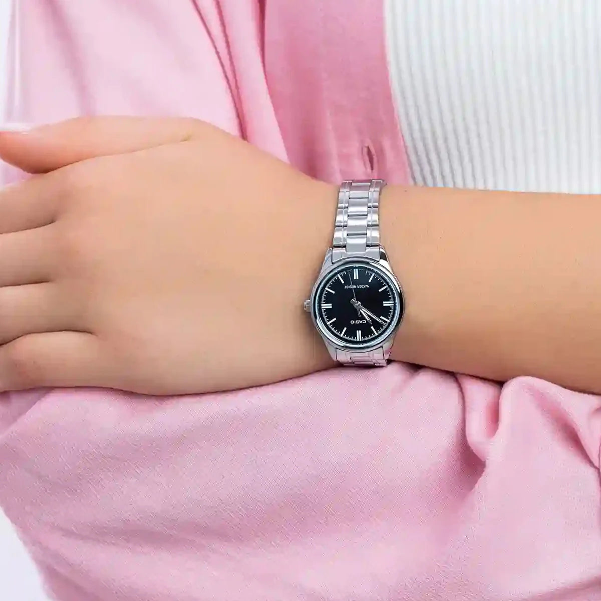 Casio Women's Analog Watch – Black Dial & Silver Stainless Steel Bracelet 