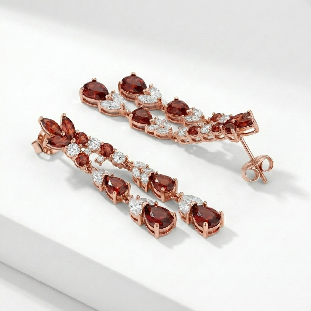 925 Silver Dangling Earrings With Sparkling Red Stones - Gold Plated