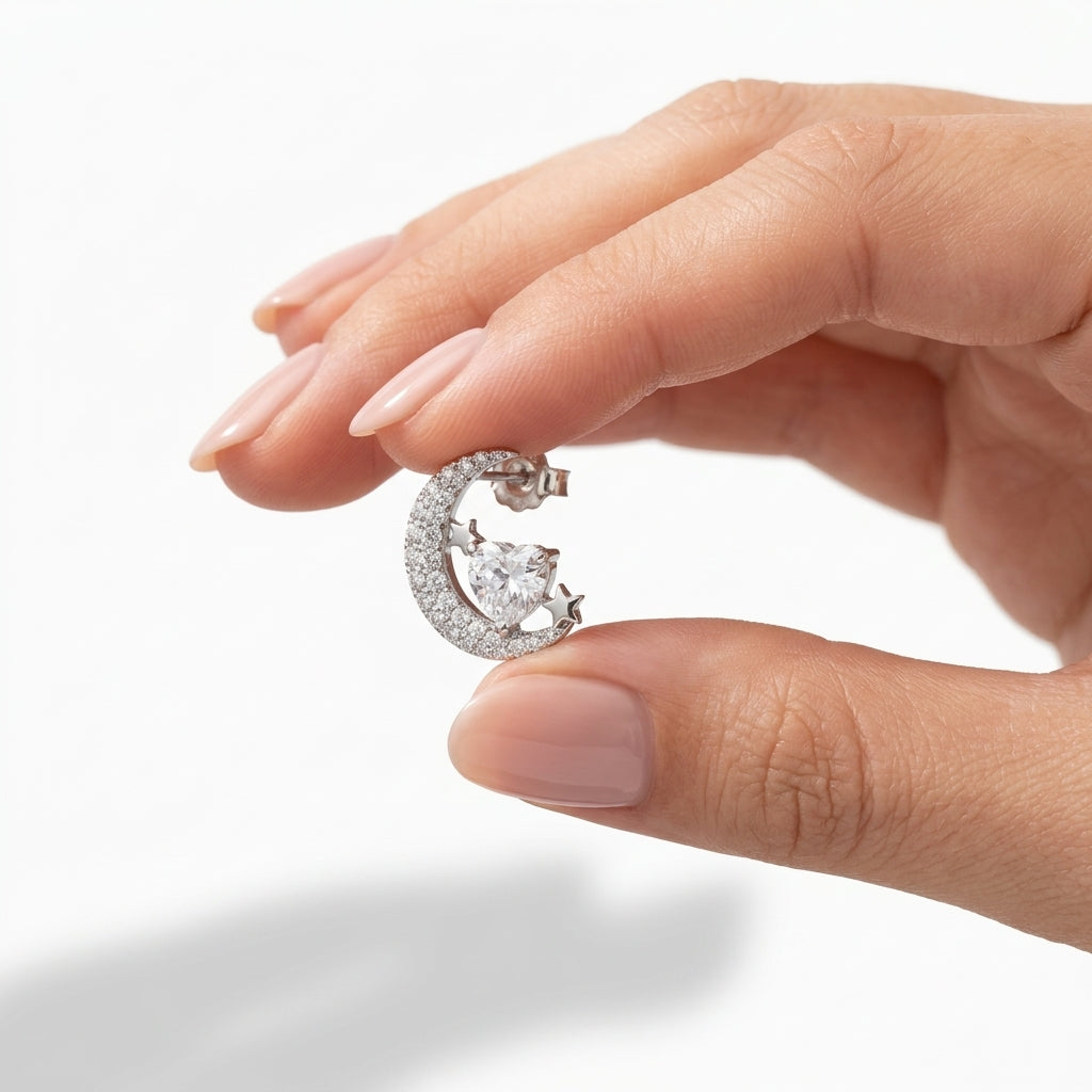 Sparkling Heart Crescent Moon Stud Earrings