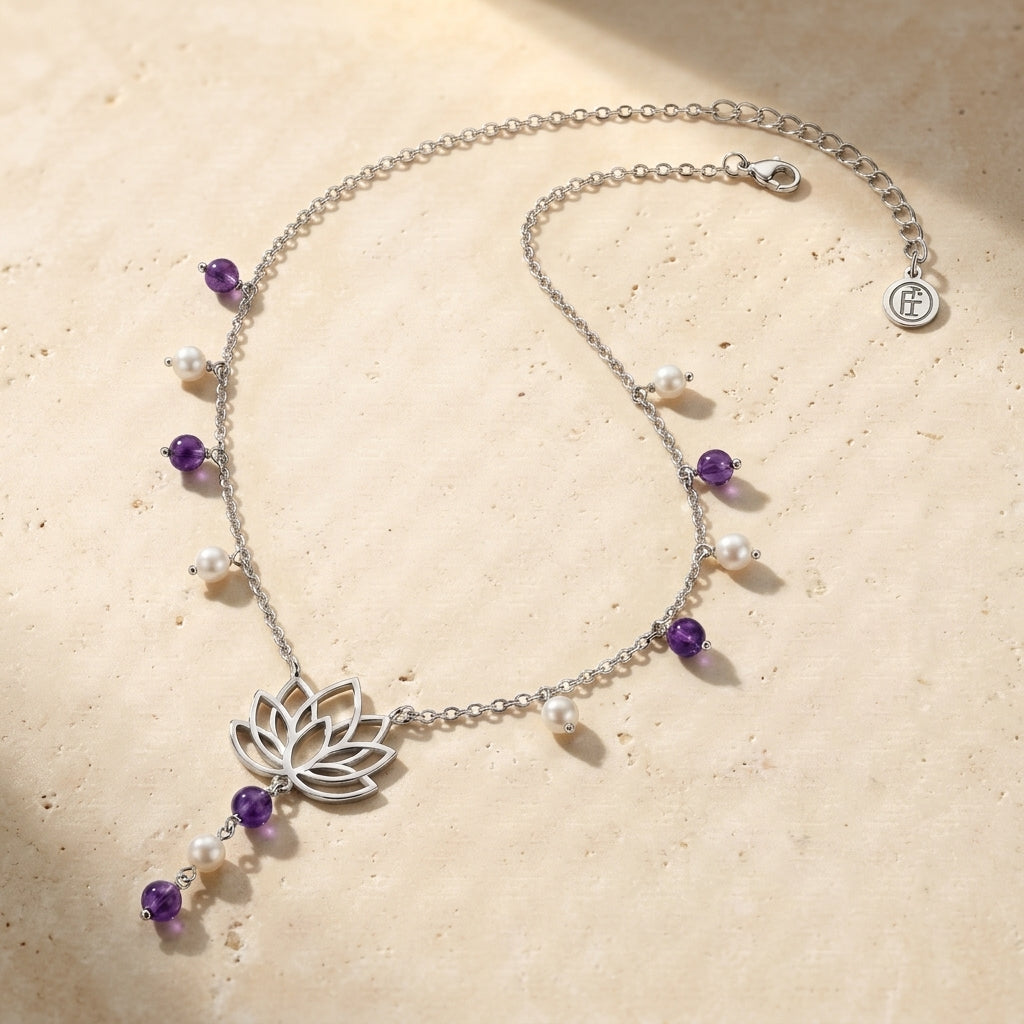 Lotus Flower Necklace with Purple Beads & Pearls in 925 Silver