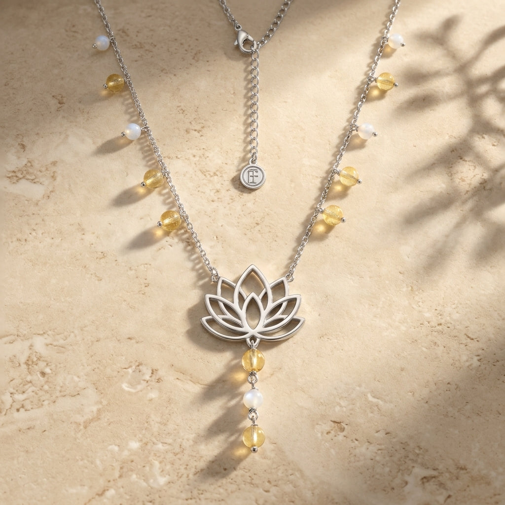 Lotus Flower Necklace with Yellow Beads & Pearls in 925 Silver