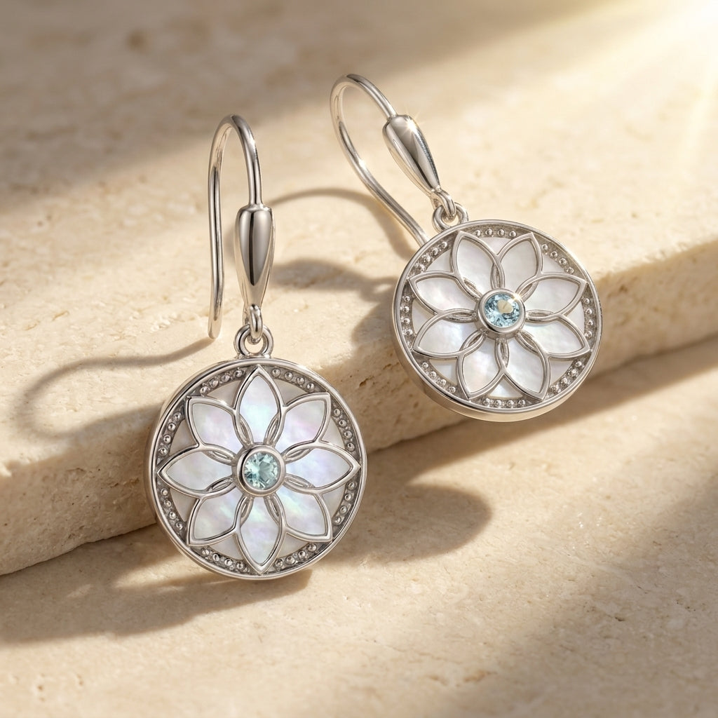 Flower Earrings with Mother of Pearl and Sky Blue Aquamarine Stone 925 Silver
