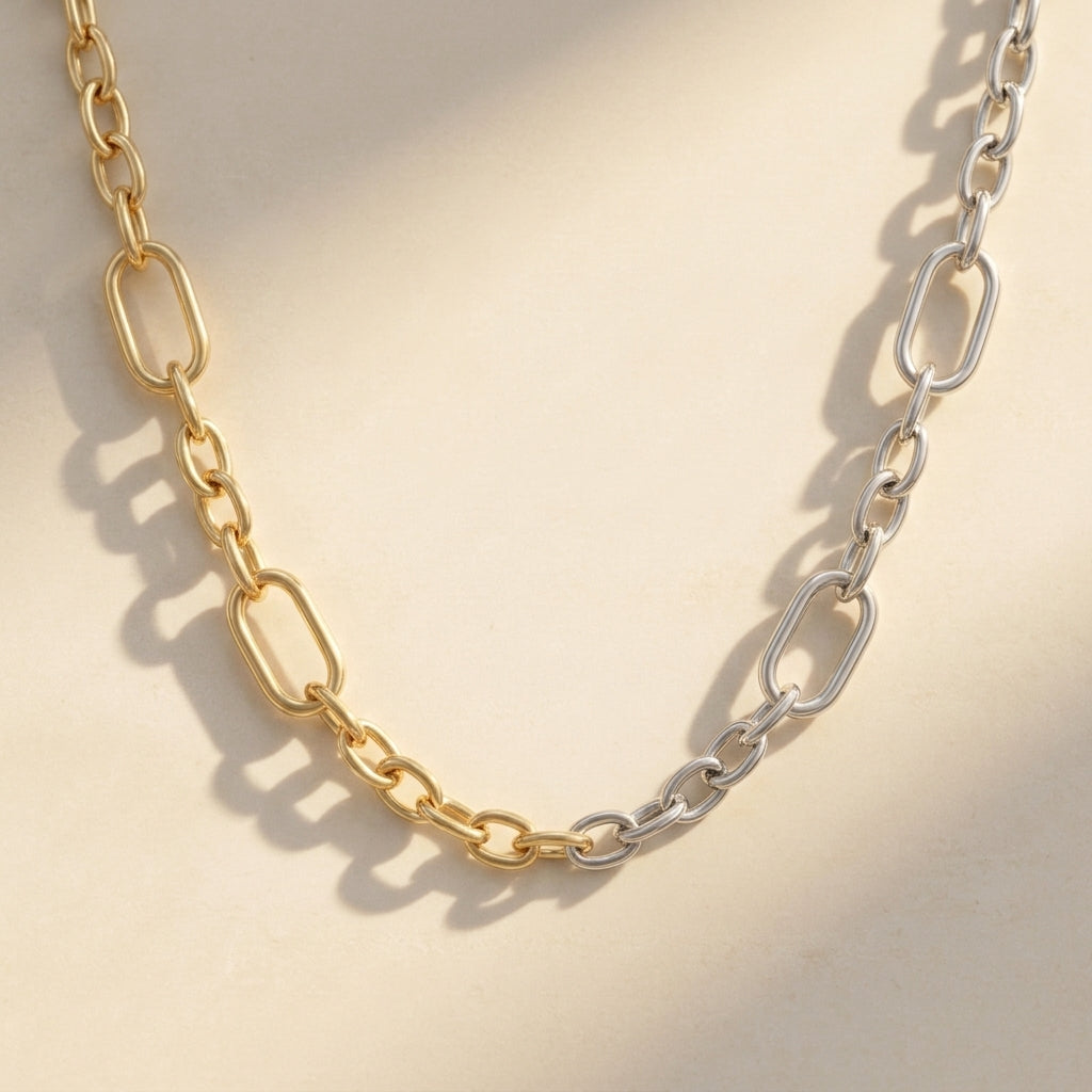 Two-Tone Paperclip Chain Necklace, 925 Silver