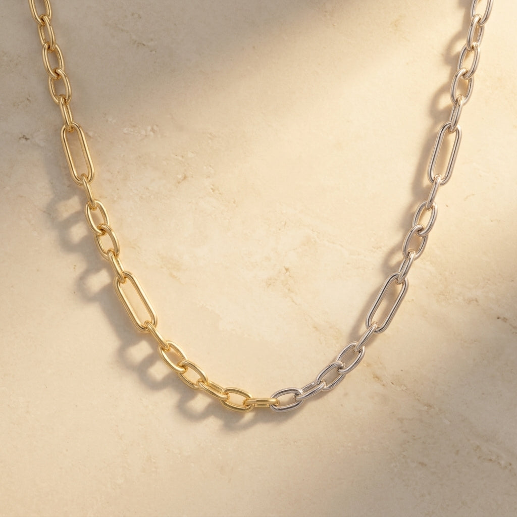 Long Two-Tone Paperclip Chain Necklace, 925 Silver