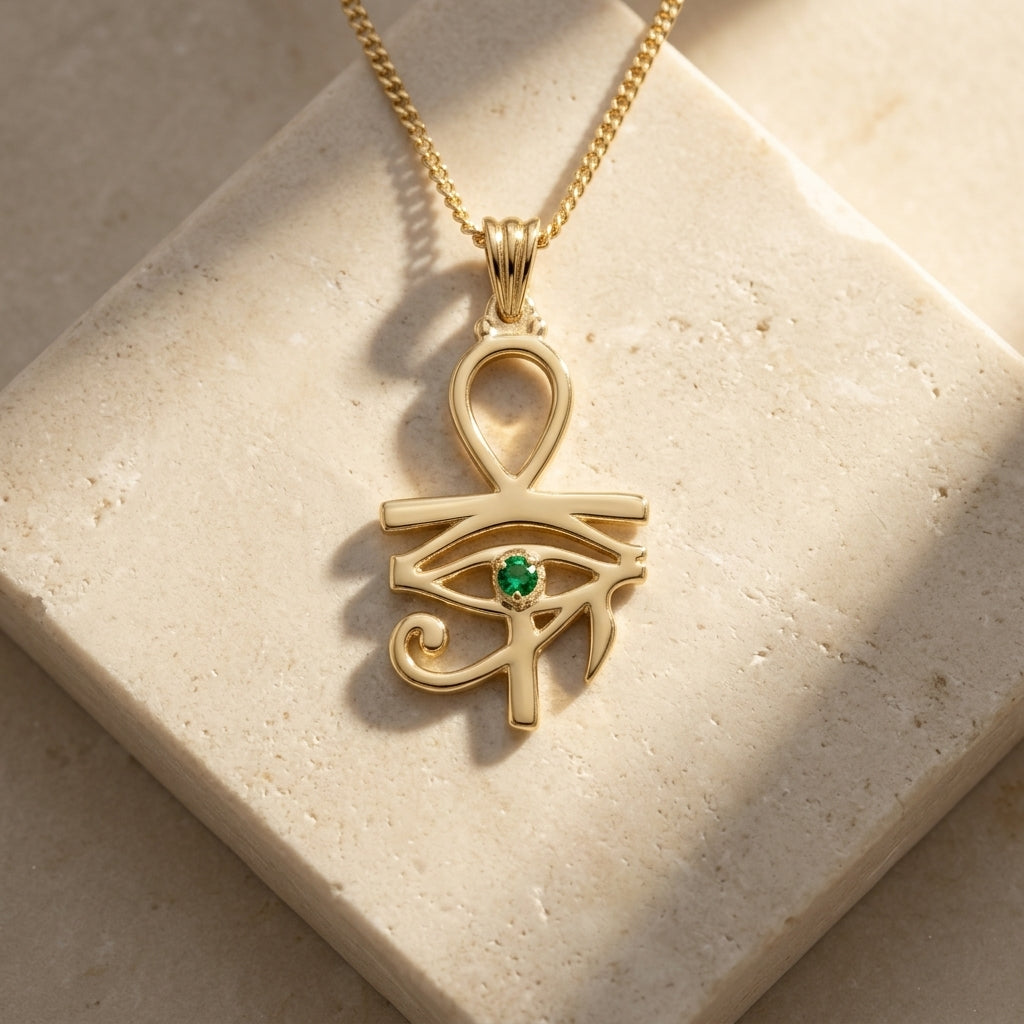 Pharaoh's Eye of Horus Gold Necklace with Green Stone 925 Silver