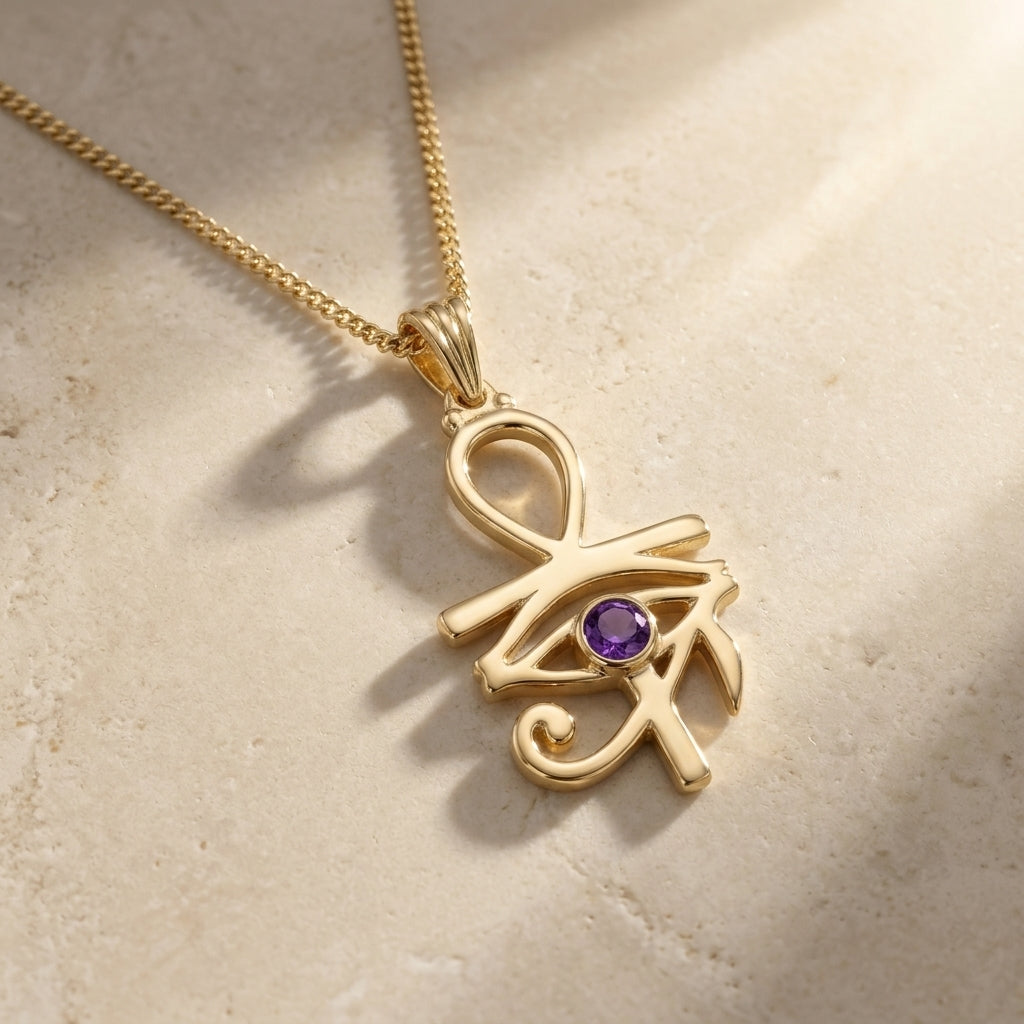 Pharaoh's Eye of Horus Gold Necklace with Purple Stone 925 Silver